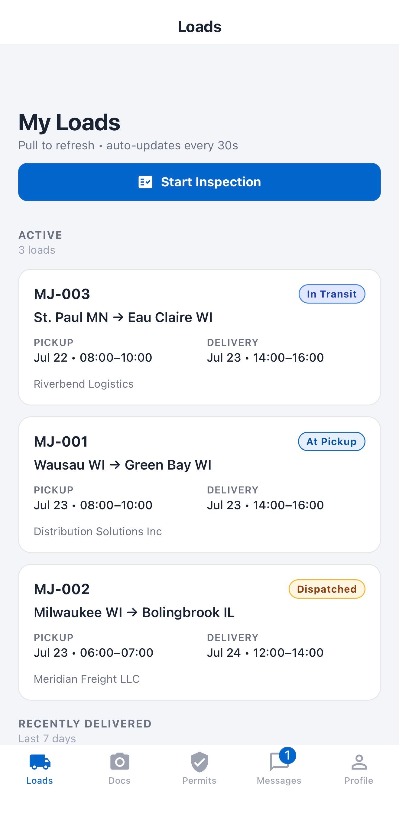 CloudTMS driver app — Loads