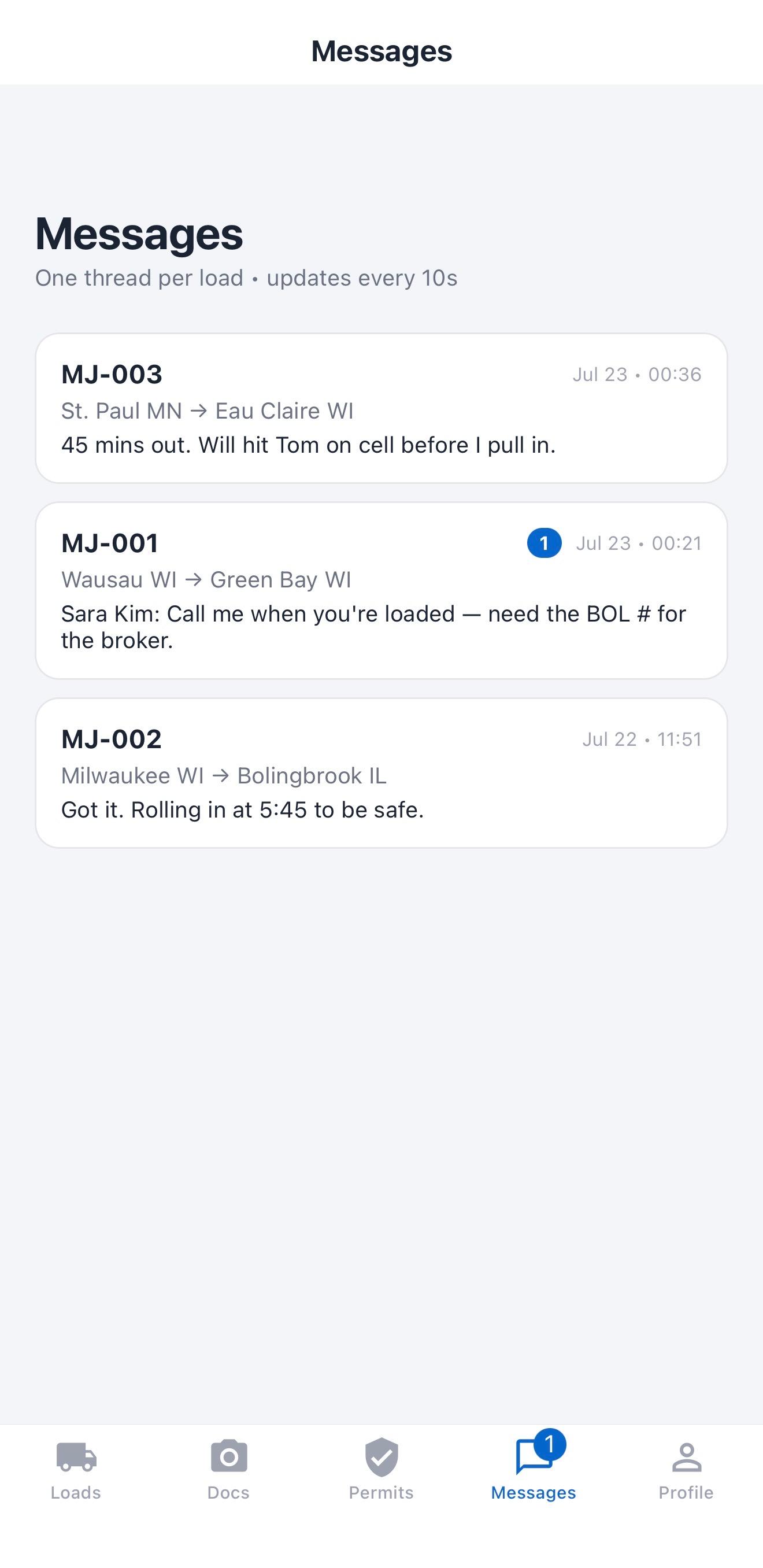 CloudTMS driver app — Messages
